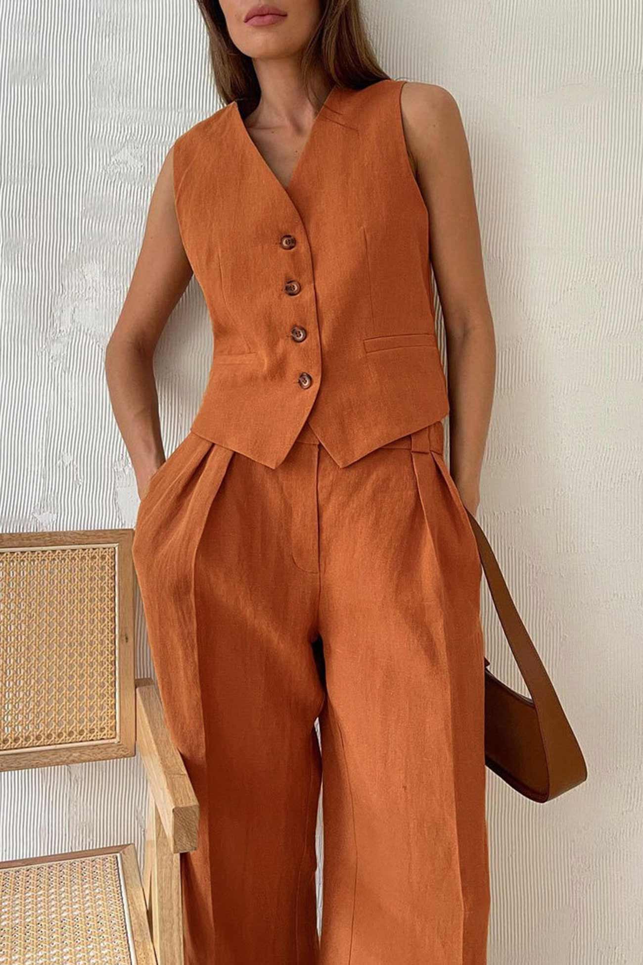 Maxct Cotton Linen Tank Top Pants Suits