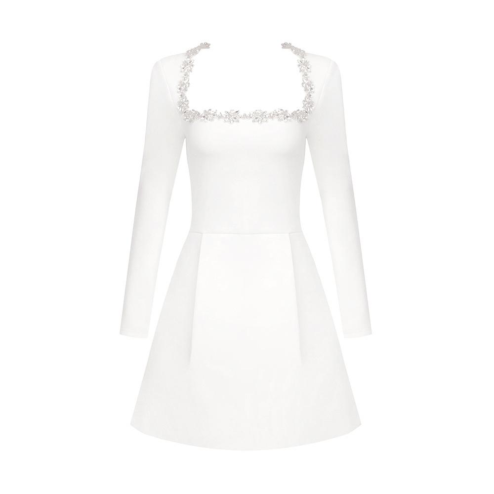 Maxct 2024 New Women's White French Square Collar Diamond Long Sleeve Bandage Dress Summer High-end Sense - Image 18