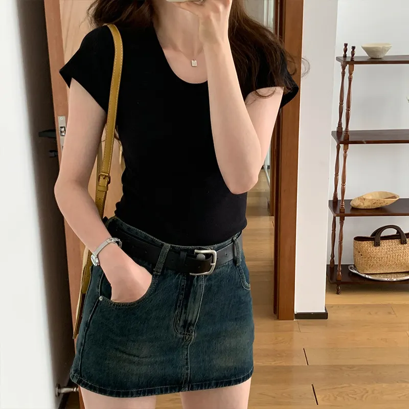 Maxct Shoulder T-Shirt Women's Spring and Autumn Outer Wearing Tight Waist Slim-Fit Pure Cotton Winter Inner Base Shirt New Long Sleeve Top