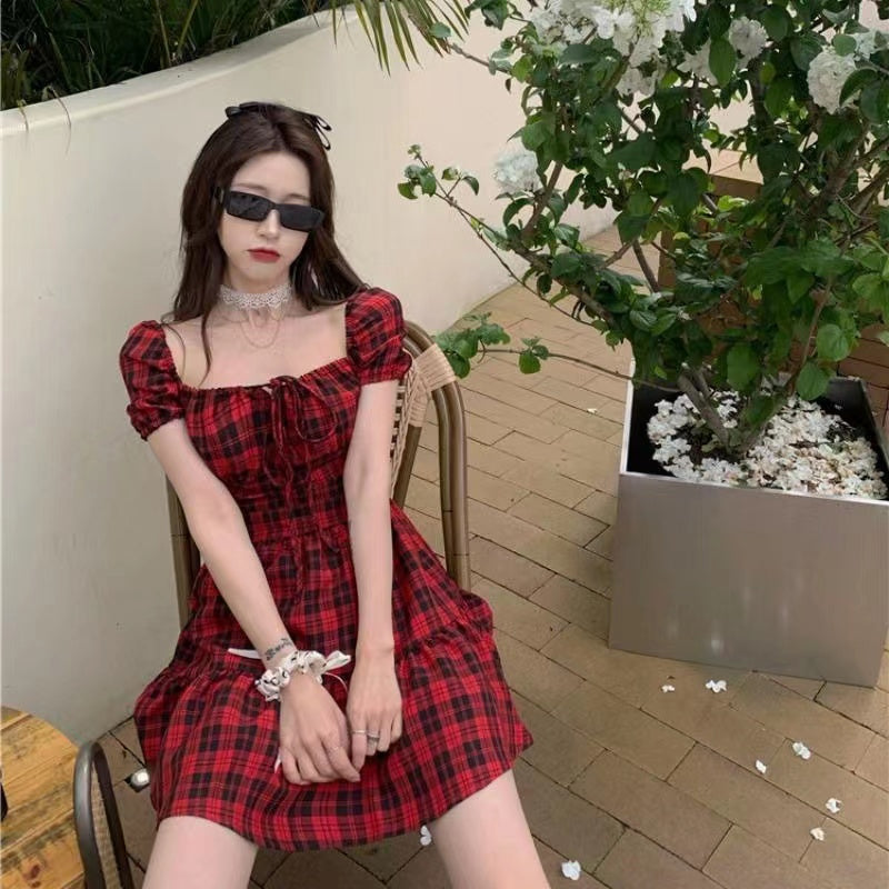 Cute Red Plaid Retro Sexy Dress Maxct
