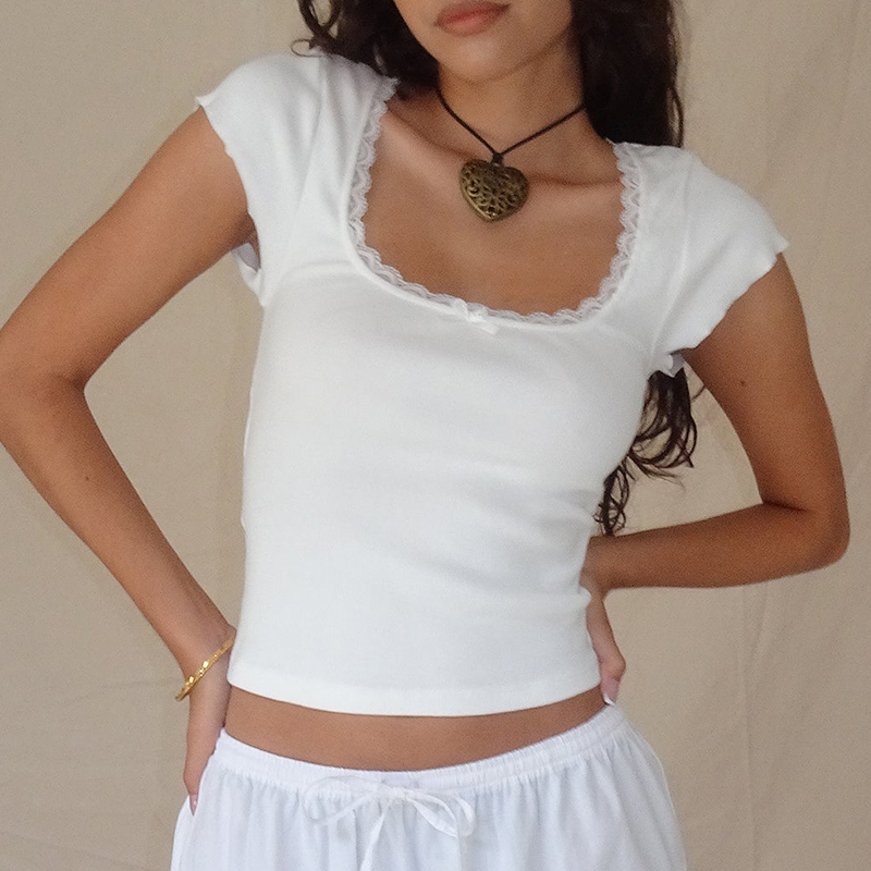 Kawaii Lace Trim T-shirt Chic Vintage Short Sleeve Rib Knitted Tees Shirt Elegant Women Fairy Cottage Y2K Crop Tops Clothes