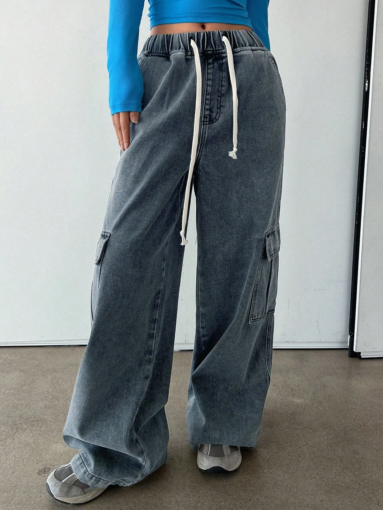 Maxct Women's Drawstring Waist Wide Leg Loose Casual Denim Pants With Pockets