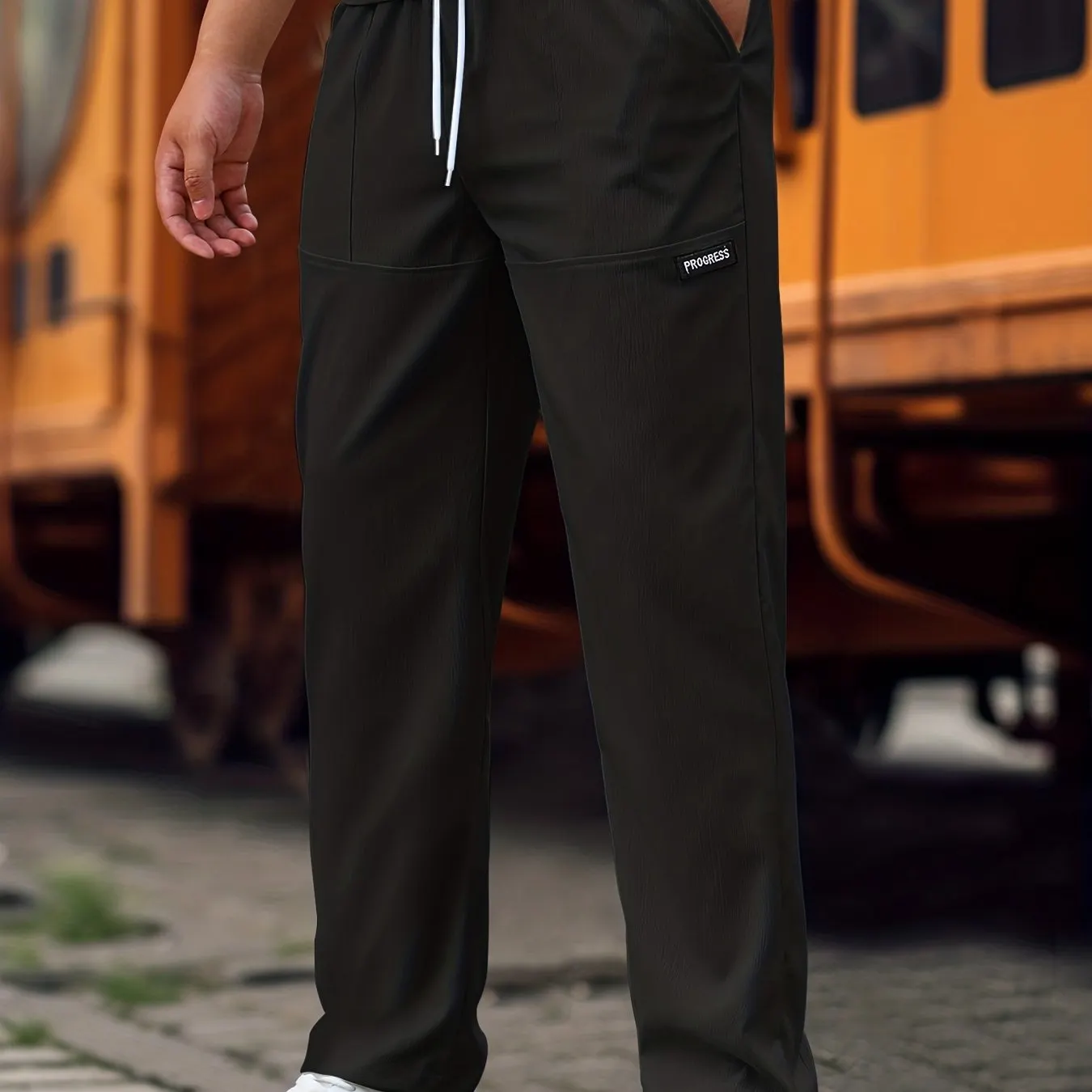 Maxct  Men's Straight Leg Casual Work Pants, Classic Design Waist Drawstring Joggers For Fitness