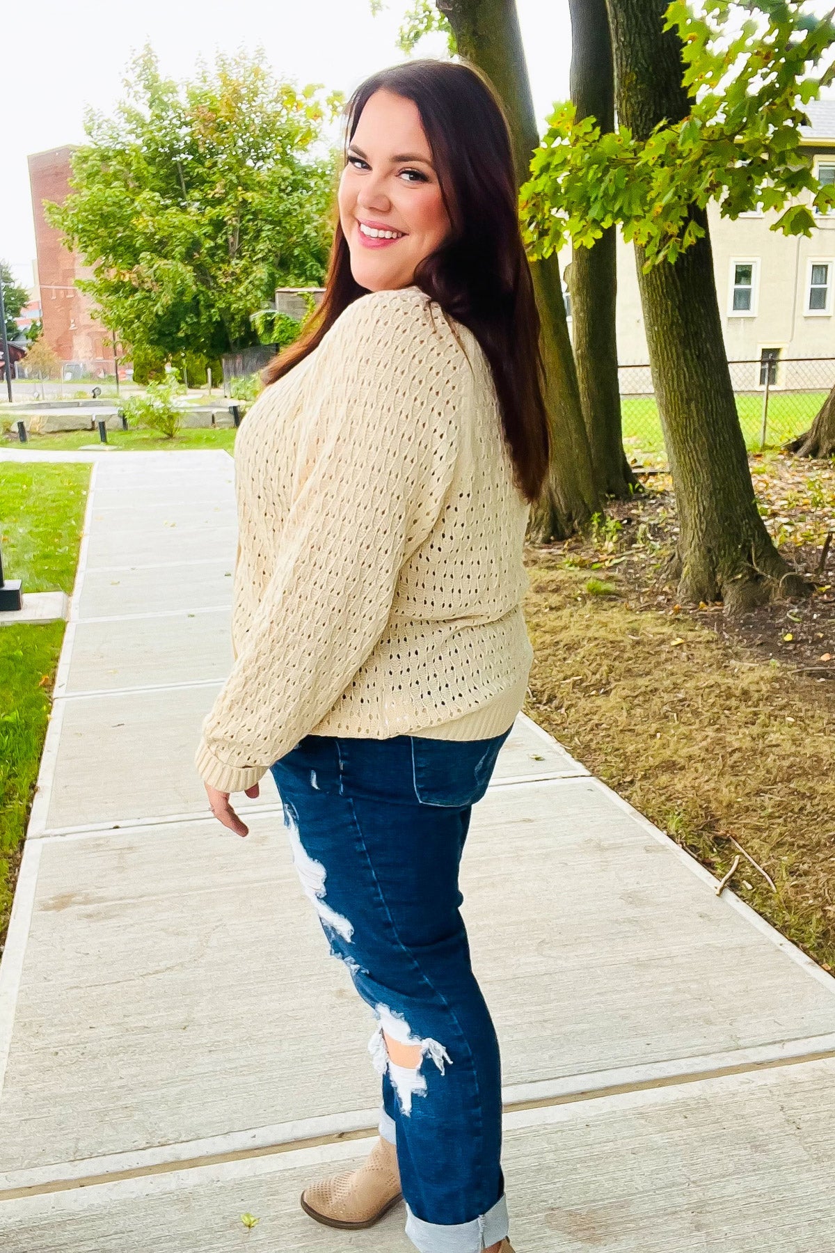 Maxct &Follow Me Oatmeal Pointelle Knit Button Down Cardigan