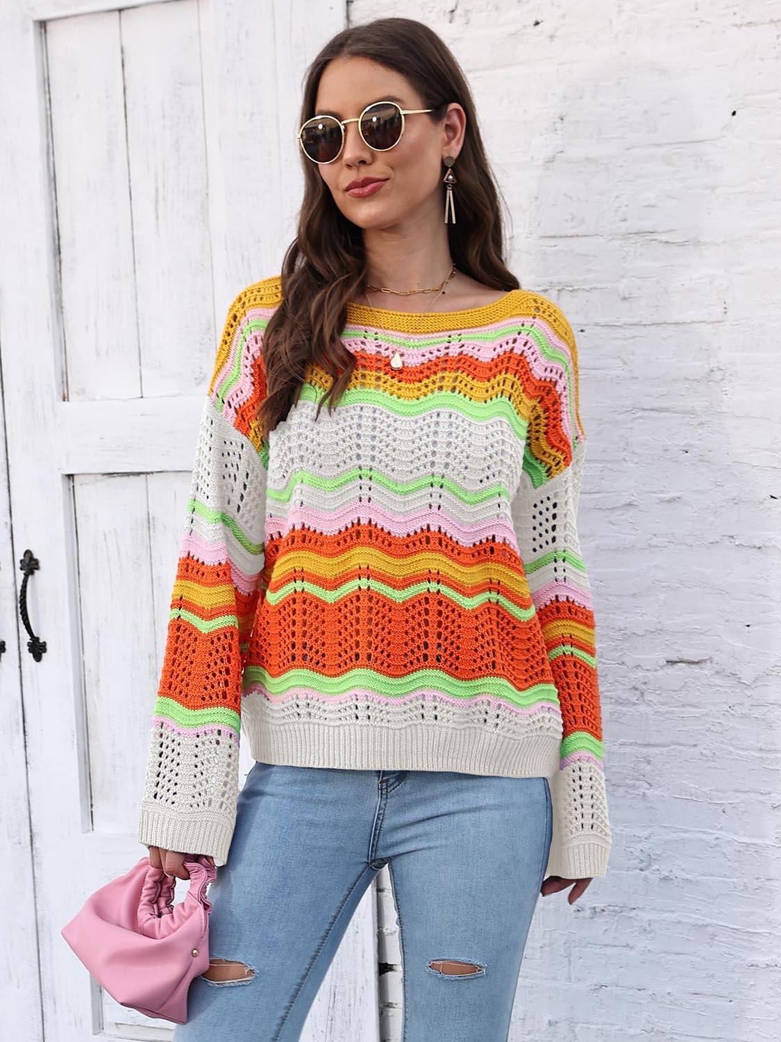 Maxct &Openwork Round Neck Knit Top