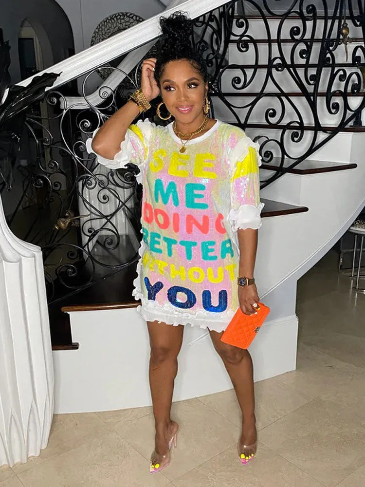 Sequin Colorful Letter Print Dress Maxct