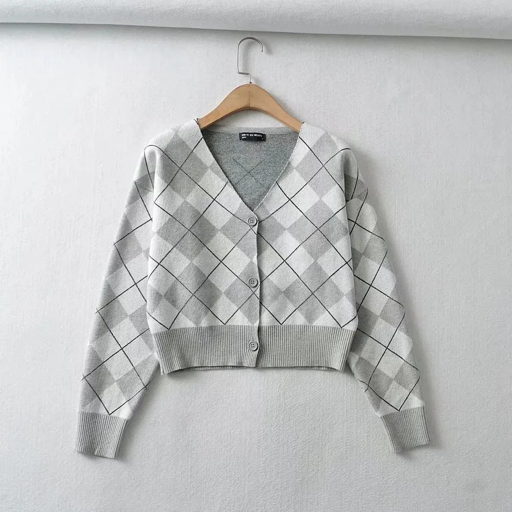 Maxct Plaid Preppy Argyle Cardigan