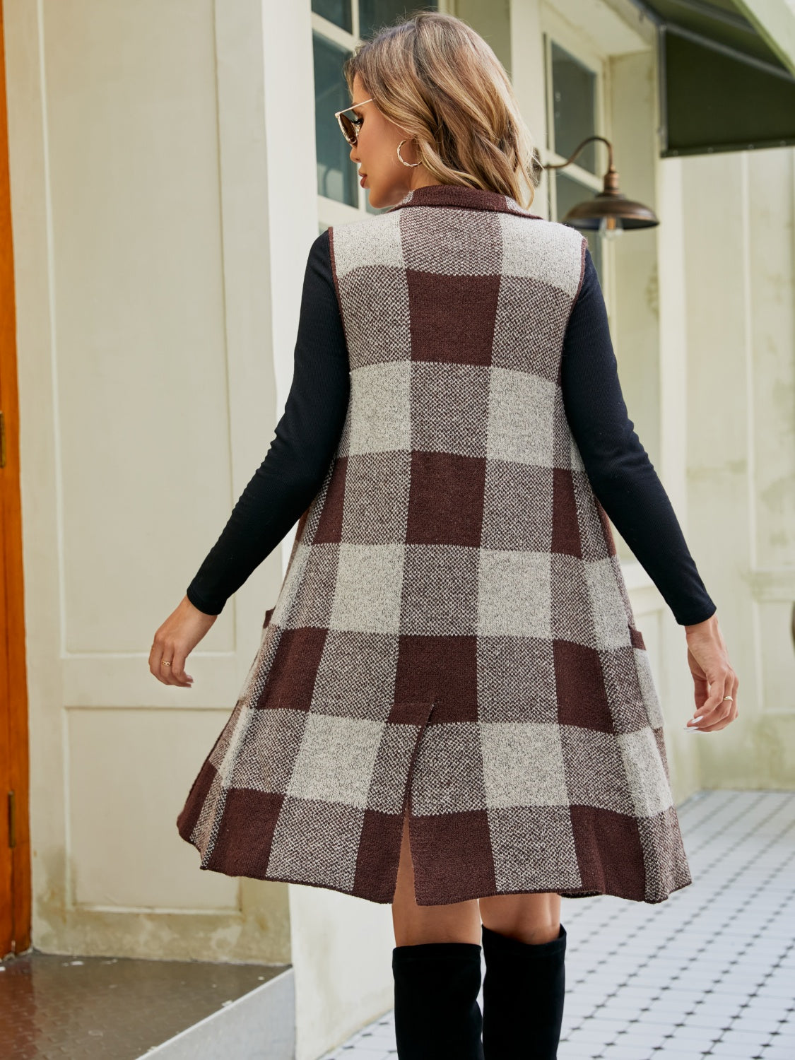 Maxct &Plaid Lapel Collar Sleeveless Cardigan