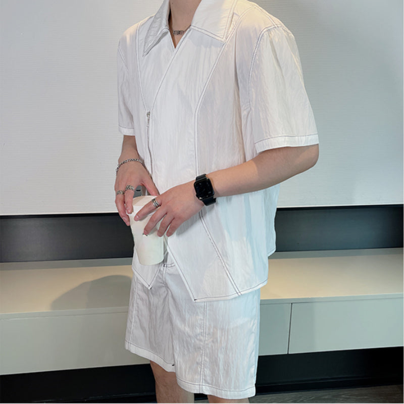 Maxct Summer Topstitched Zip Shirt Shorts Set