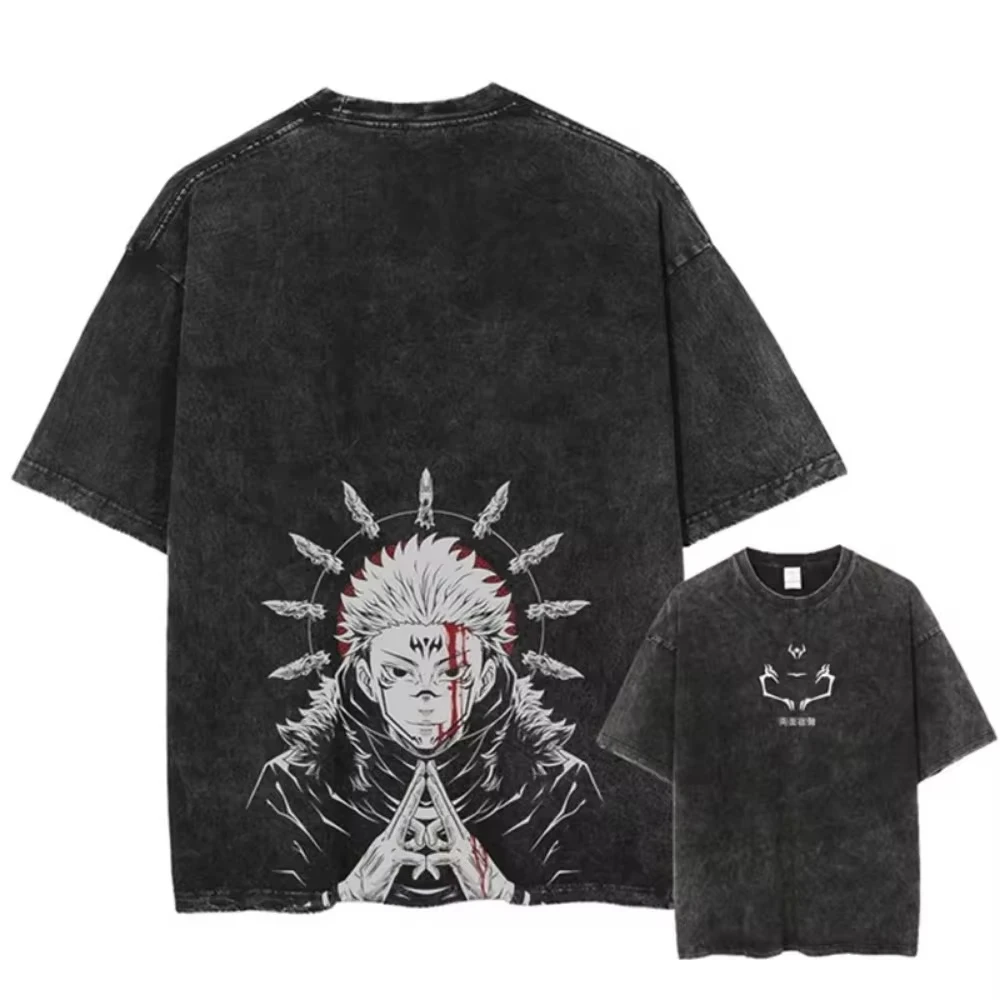 Hip Hop Streetwear Summer Short Sleeve Vintage T-Shirt Japanese Anime Graphic Print TShirt Men Harajuku Casual Loose Washed Tees