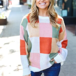 Maxct &Be Bold Ivory & Rust Checker Jacquard Knit Sweater