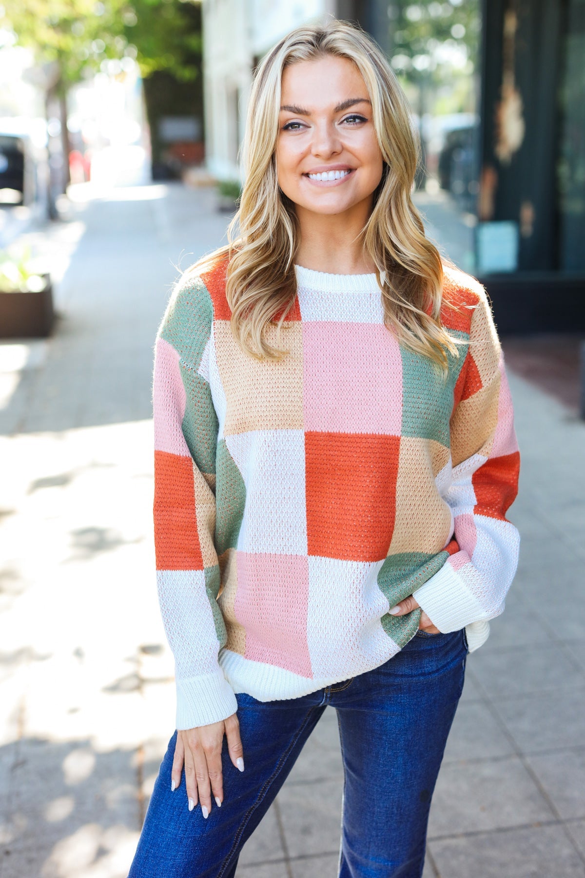 Maxct &Be Bold Ivory & Rust Checker Jacquard Knit Sweater