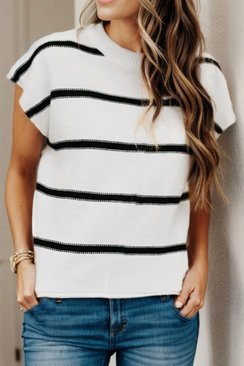 Maxct &Striped Round Neck Cap Sleeve Sweater