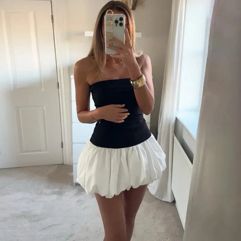 Contrast Color Mini Folds Dress For Strapless Slim Sleeveless Ruched Splice Y2K Beach FeClub Party Dress Maxct