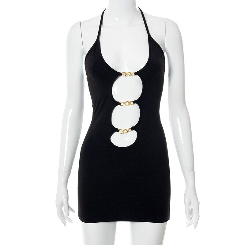 Halter Sexy Lace Up Mini Dress Party Club Outfit Cut Out Metal Ring Ties Bodycon Dresses Summer Chic Harajuku Clothes