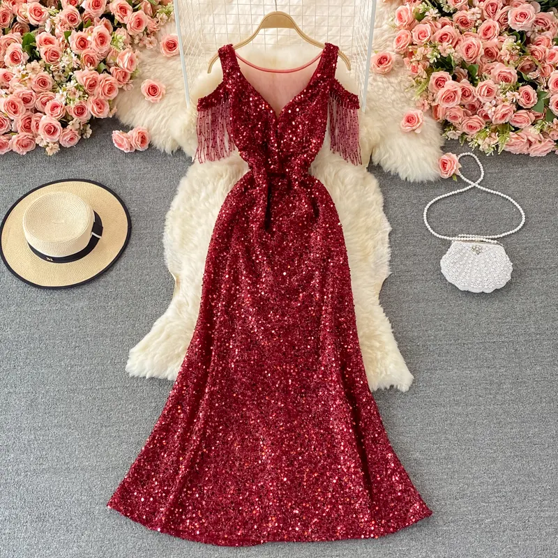 Sequins Party Maxi Dress For Women Sexy V-Neck Short Sleeve High Waist Tassel Long Robe Female Elegant Vestidos