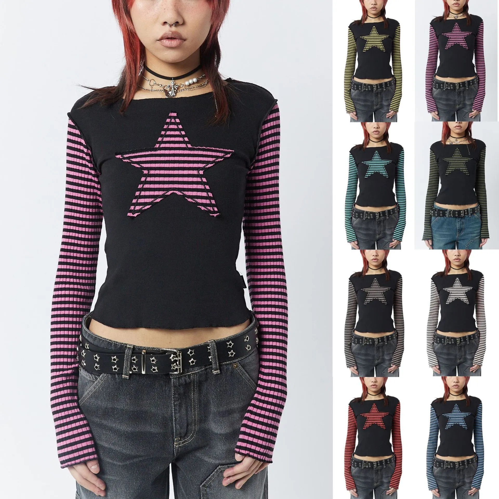 Maxct 90s streetwear Y2K Star Striped Sweet Cool Women's Long Sleeve Striped Stitching T-shirt Five-Pointed Star Embroidered Casual Top 3324