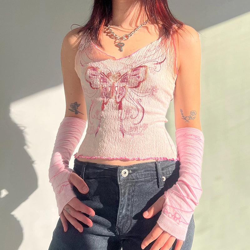 Maxct &Y2K Butterfly Pink Crop Top