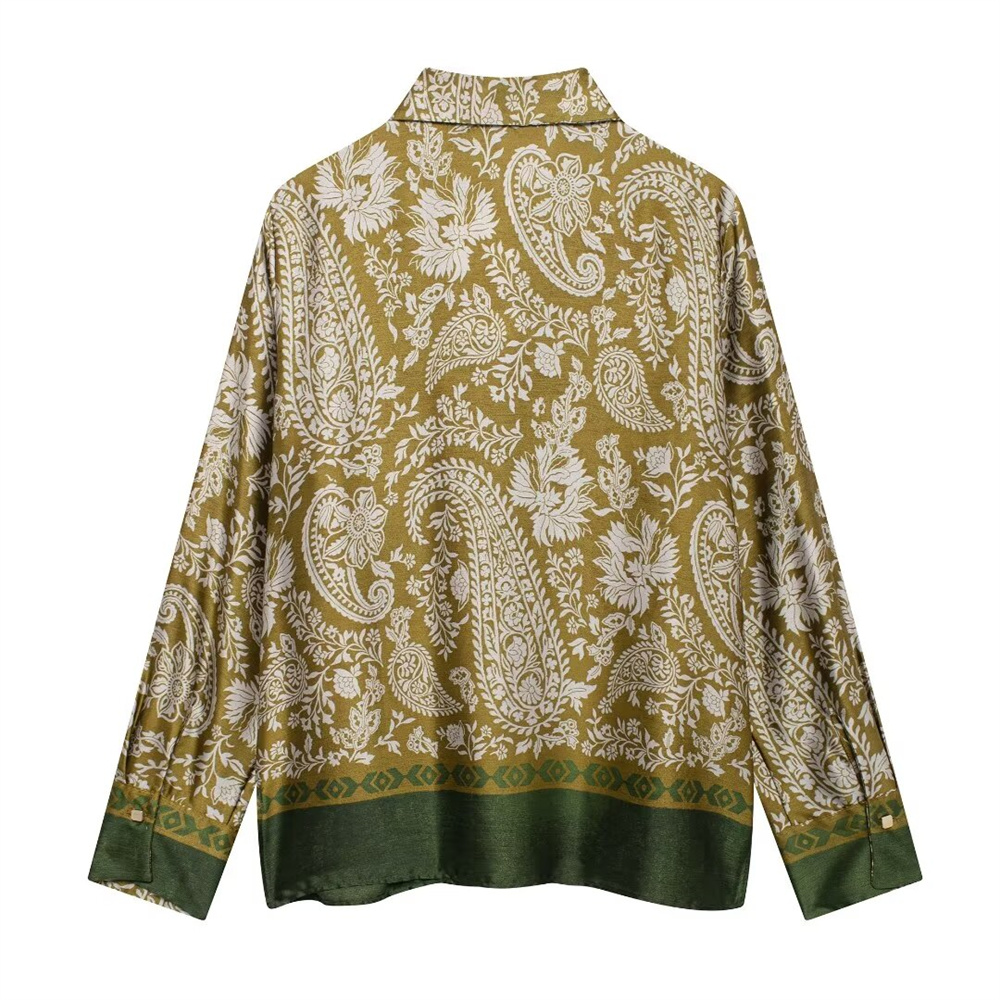 Autumn New Women's Fashion Versatile Collar Long Sleeve Shirt Silk Texture Printed Pants Casual Set