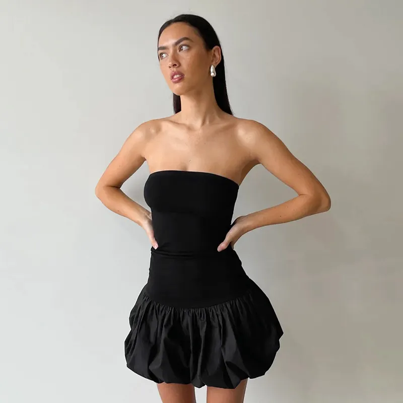 Contrast Color Mini Folds Dress For Strapless Slim Sleeveless Ruched Splice Y2K Beach FeClub Party Dress