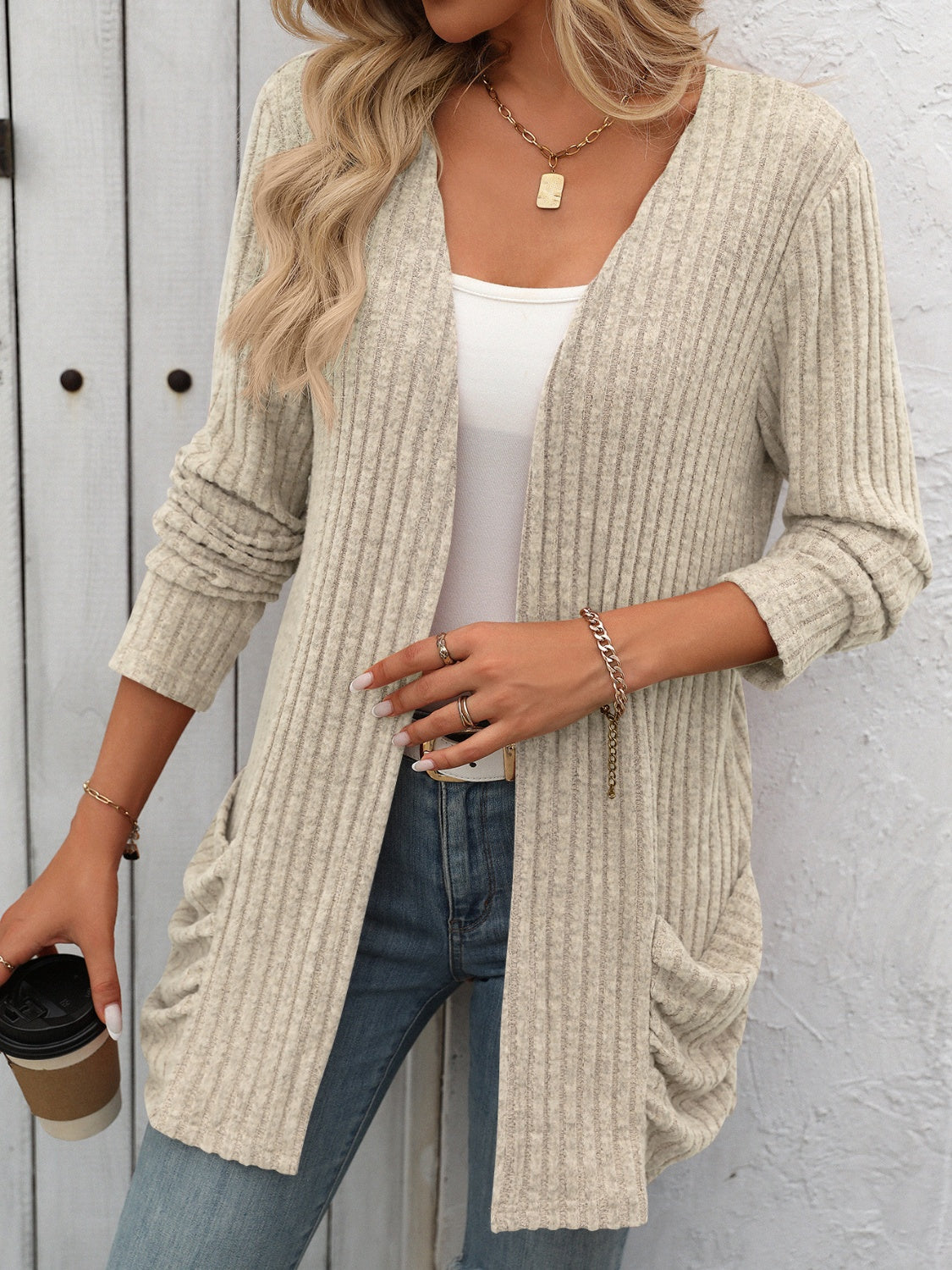 Maxct &Open Front Long Sleeve Ribbed Cardigan