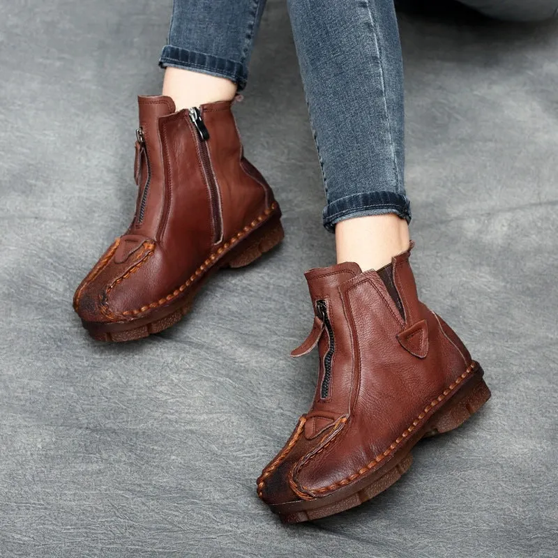 Maxct Trendy Ethnic Retro Handmade Leather Zipper Short Boots