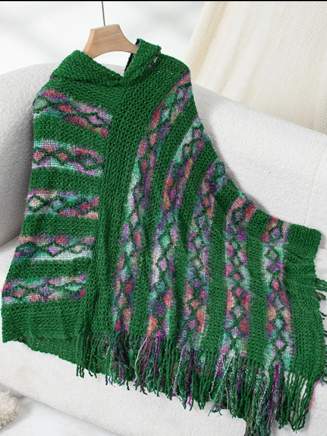 Maxct &Fringe Contrast Hooded Poncho