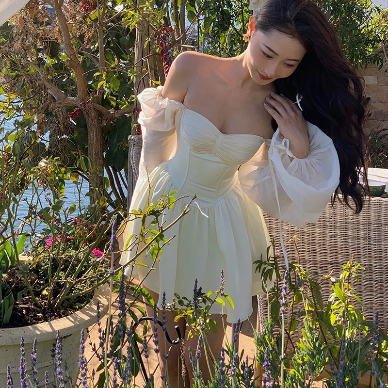 Voguable White Bubble Sleeve Dress Niche Design Pure Princess Skirt Girl Elegantes Party Prom Vintage Evening Y2k Maxct