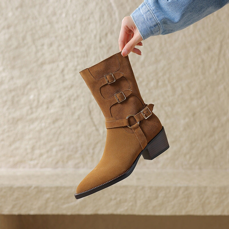 Womens Suede Mid Calf Boots 45mm Block Heel with Buckle Details Maxct