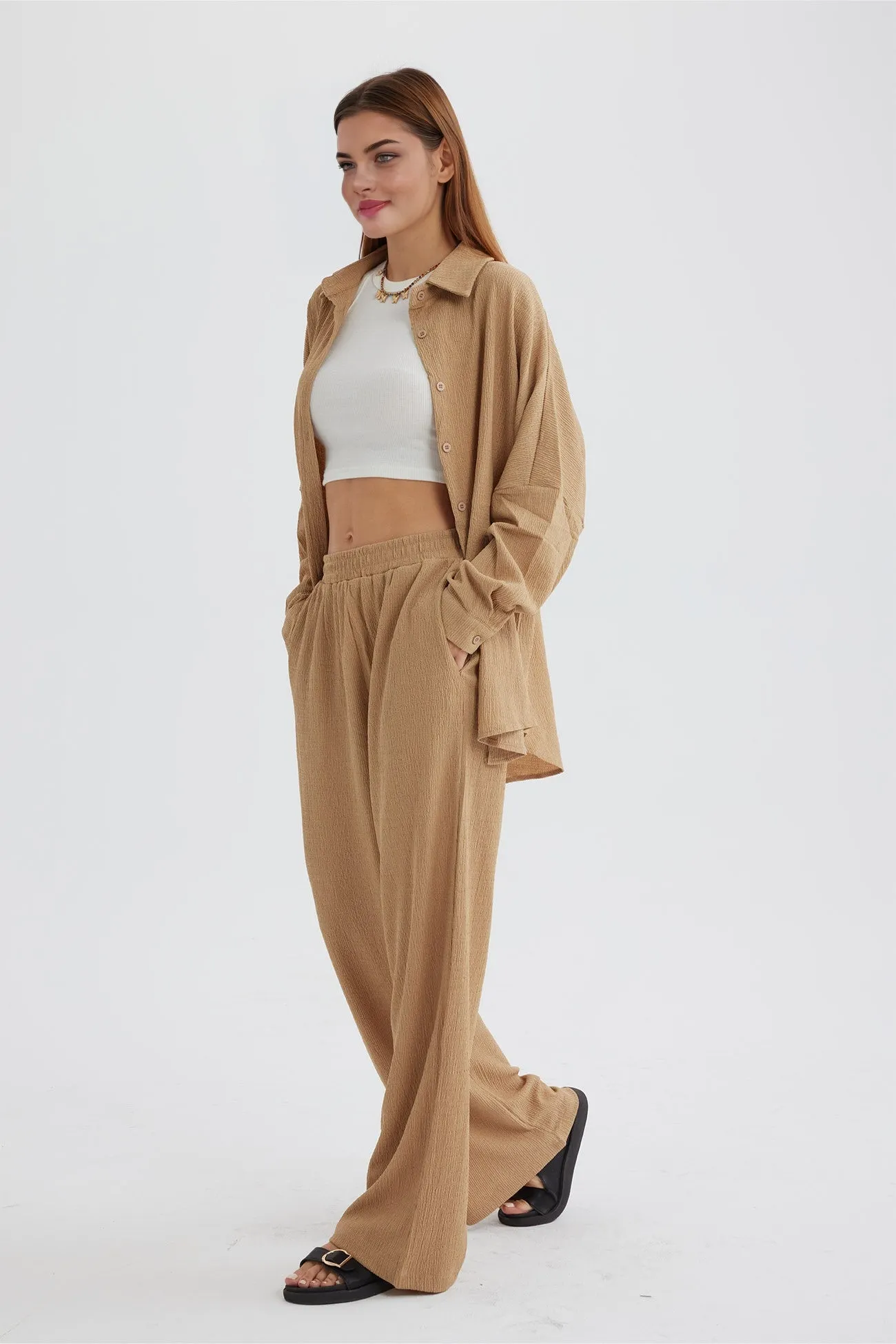 Maxct Two Piece Solid Color Long Sleeve Shirt Long Pants Set