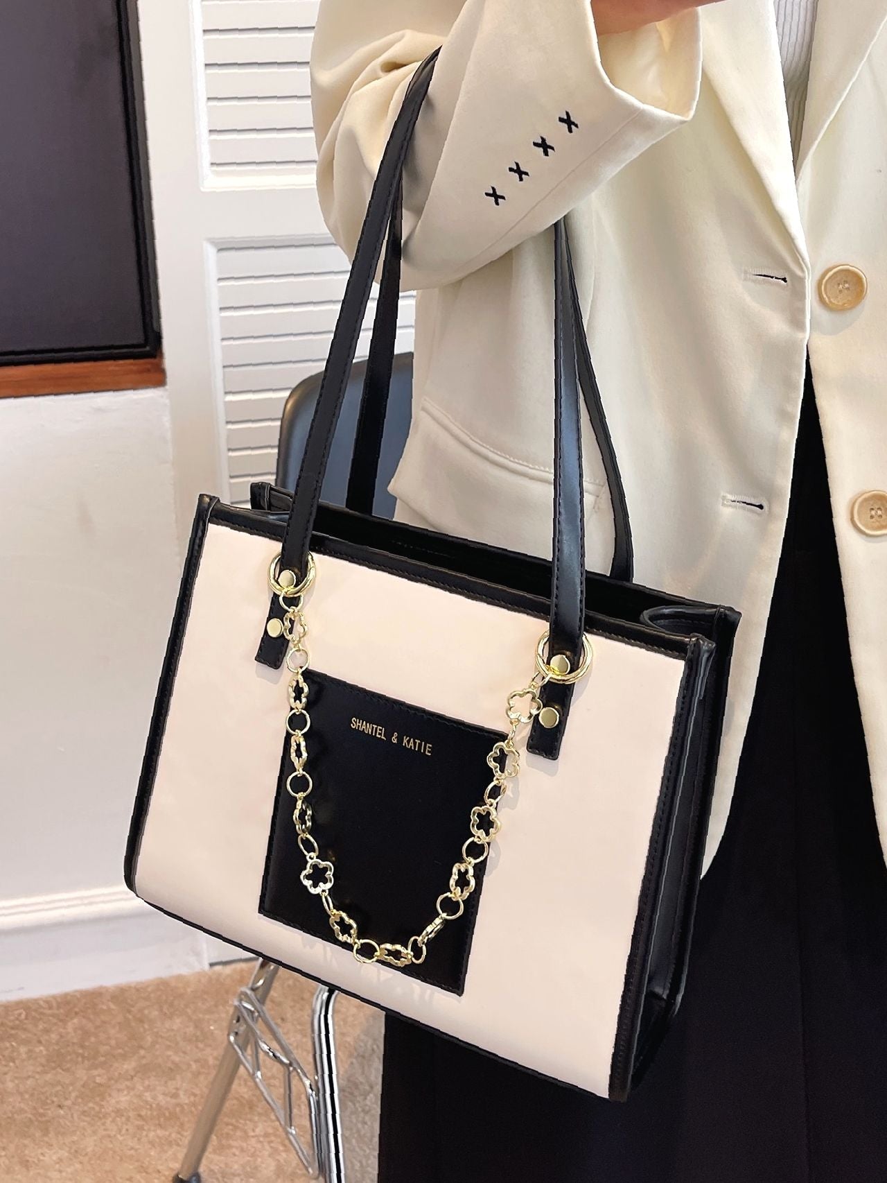 Maxct - Letter Graphic Two Tone Shoulder Tote Bag  - Women Tote Bags