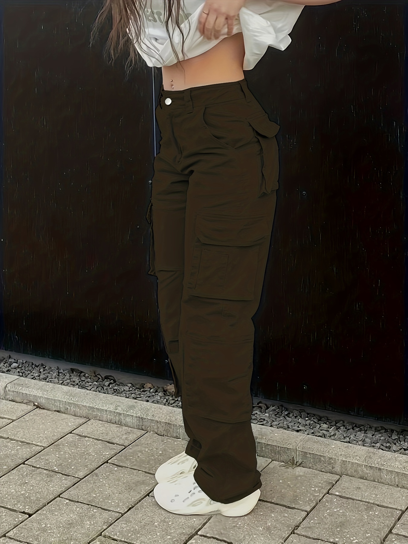 Plain High Rise Cargo Denim Pants, Loose Solid Color Retro Cargo Jeans, Street Casual Style, Women's Denim Jeans & Clothing