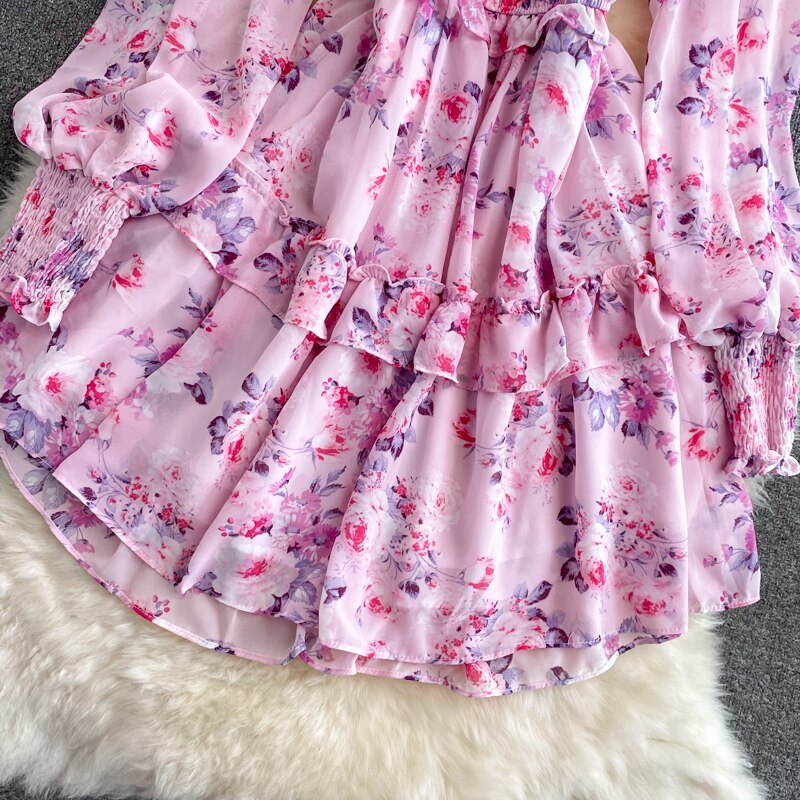 Women's Green/Purple/Beige Floral Chiffon Dress Bohemian V-Neck Lantern Long Sleeve High Waist Ruffle Vestidos Female New