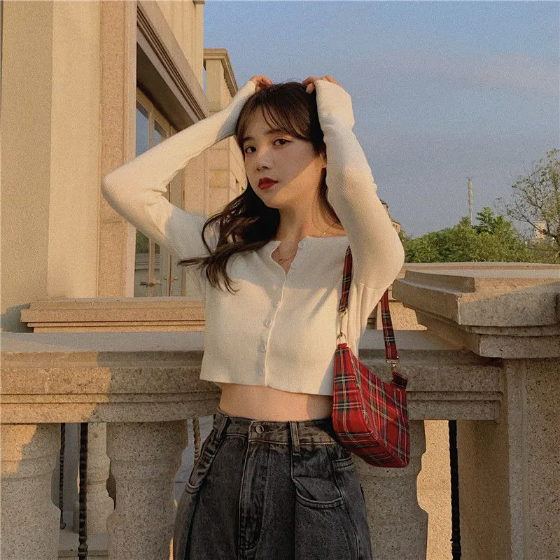 Maxct Women Cardigans Solid O-neck Knitted Stretchy Bm Style Trendy Cozy Retro Fairy Sweet Kawaii Ulzzang All-match Crop Tops Hot Slim