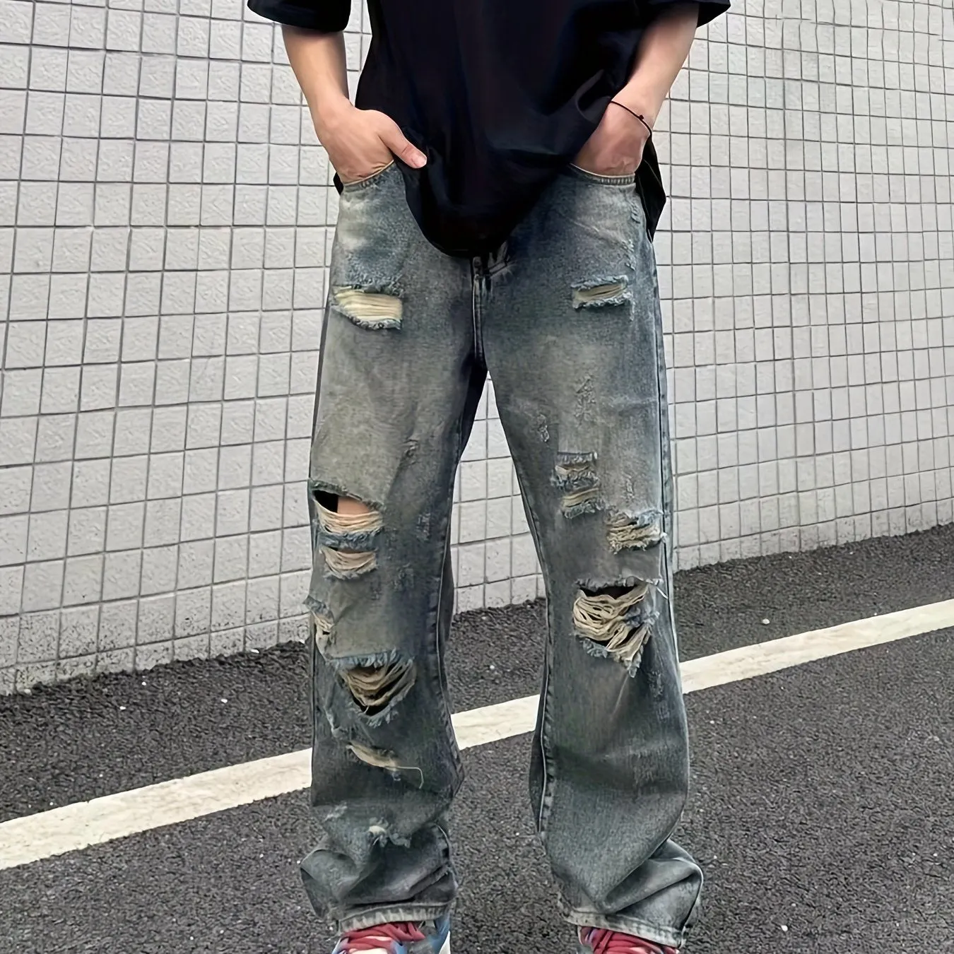 Maxct  Baggy Ripped Cotton Jeans, Men's Casual Street Style Distressed Denim Pants For Spring Summer