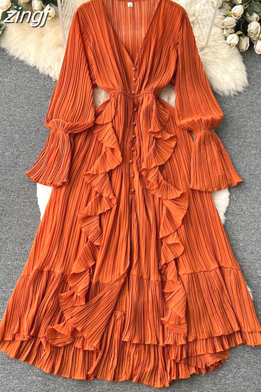 Maxct Maxct Chiffon Pleated Long Dress Women Vintage V-Neck Flare Sleeve Draped Ruffle Vestido Female Maxi Robe Spring Fall 1215-1