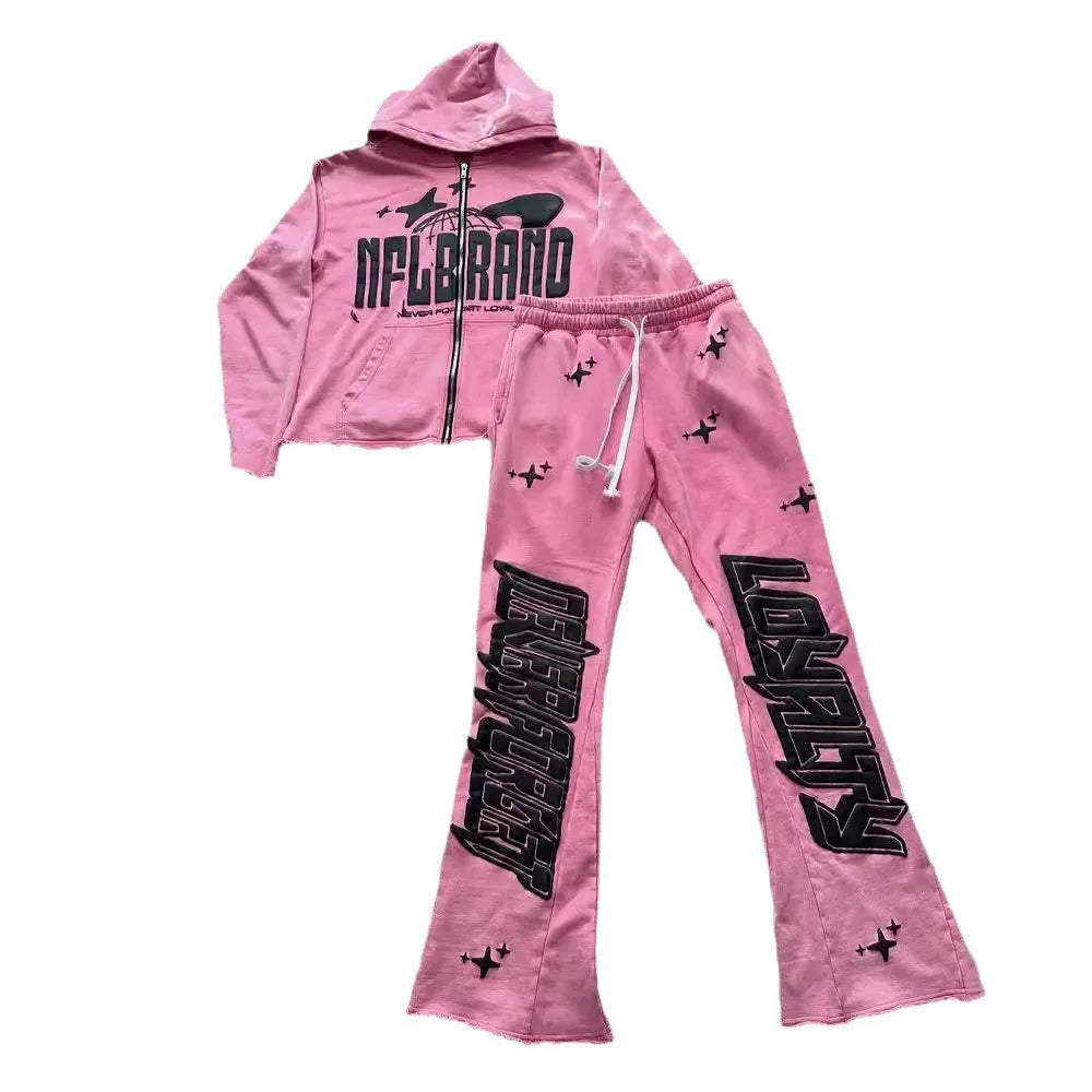 Maxct y2k long sleeved pullover hoodie pant set sweatshirt jacket personalized printed pattern streetwear school outfit hip-hop punk