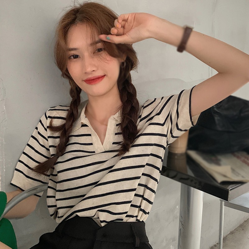 Maxct Women's Knitted Short Sleeve Top T-shirt Loose French Stripe Shirt