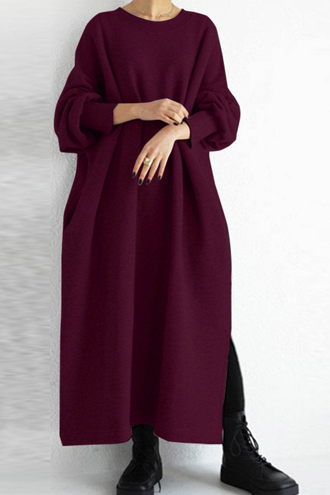 Maxct Solid Crew Neck Slit Sweatshirt Dress