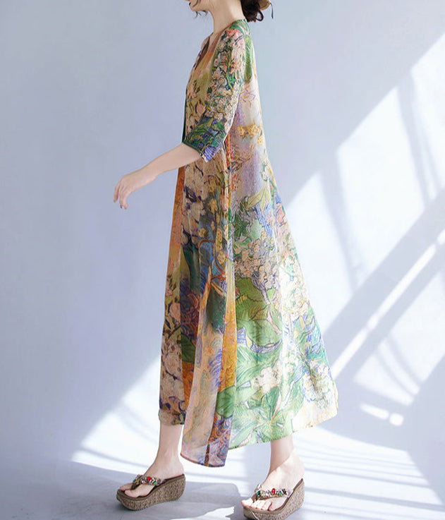 Women Retro Vacation Printed V-Neck A-Line Tencel Dresses