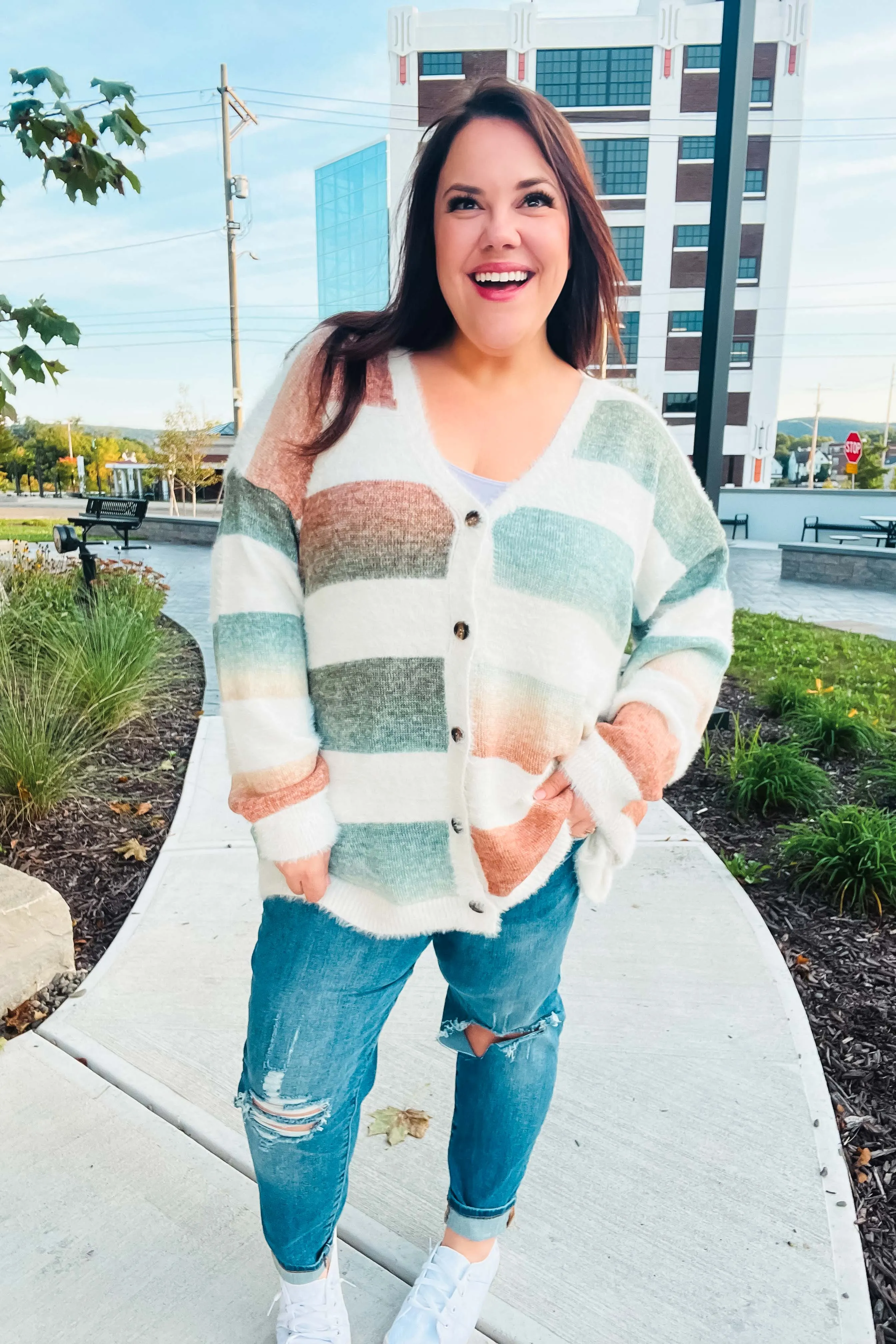 Maxct &Ivory Striped Button Down Fuzzy Knit Cardigan