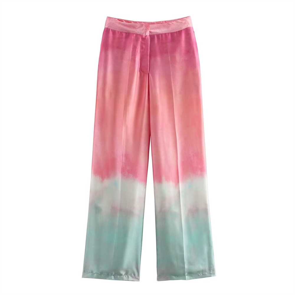 Maxct Autumn New Product Women's Fashion Silk Texture Tie Dyeing Printed Shirt High Waist Wide Leg Pants Set