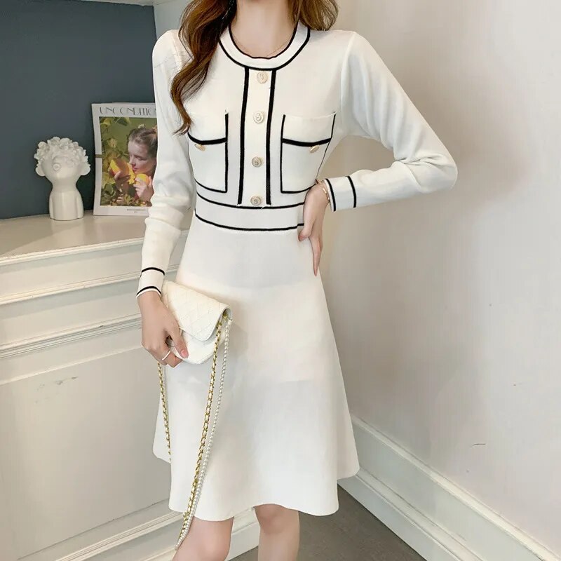Maxct Size Autumn Winter Striped Patchwork Knitted Dress Elegant Women O Neck Button Long Sleeve White Sweater Dresses 4XL