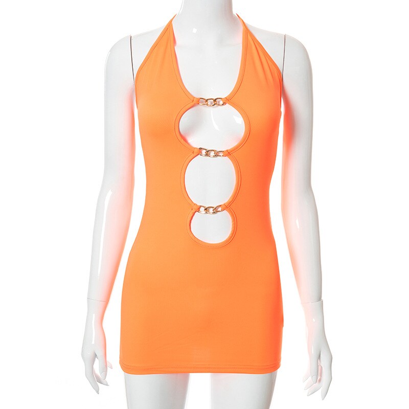 Halter Sexy Lace Up Mini Dress Party Club Outfit Cut Out Metal Ring Ties Bodycon Dresses Summer Chic Harajuku Clothes