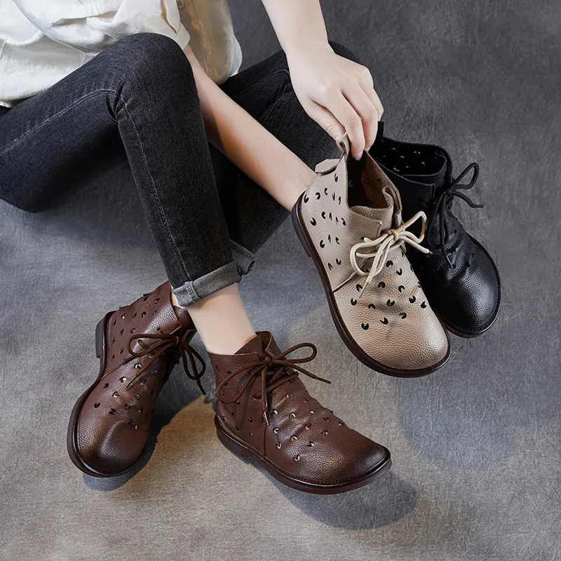 Women Summer Leather Hollow Lace Up Soft Sole Boots
