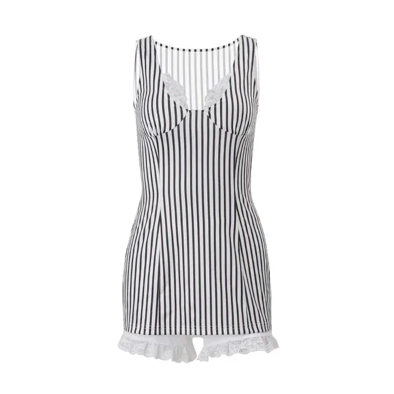 y2k 2 Piece Set Stripe Print Sleeveless Lace Trim V Neck Mini Bodycon Dress with Shorts 2000s Streetwear Maxct