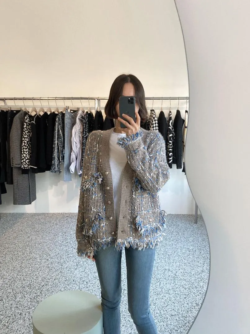 Maxct Vintage V-Neck Fringed Frayed Mélange Knit Cardigan