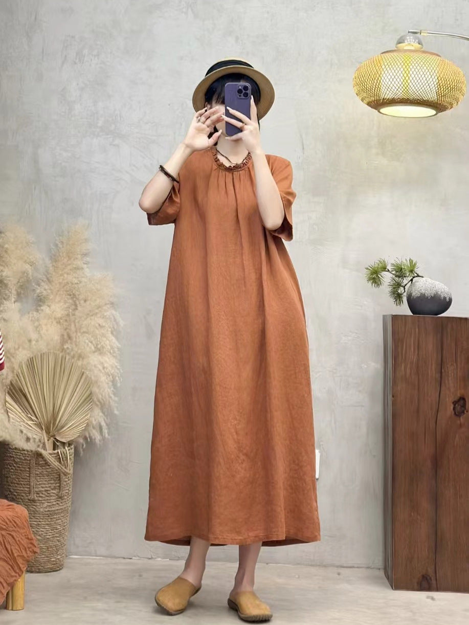 Maxct Retro Linen Ruffle Lapel Lace-Up Short Sleeves Dress