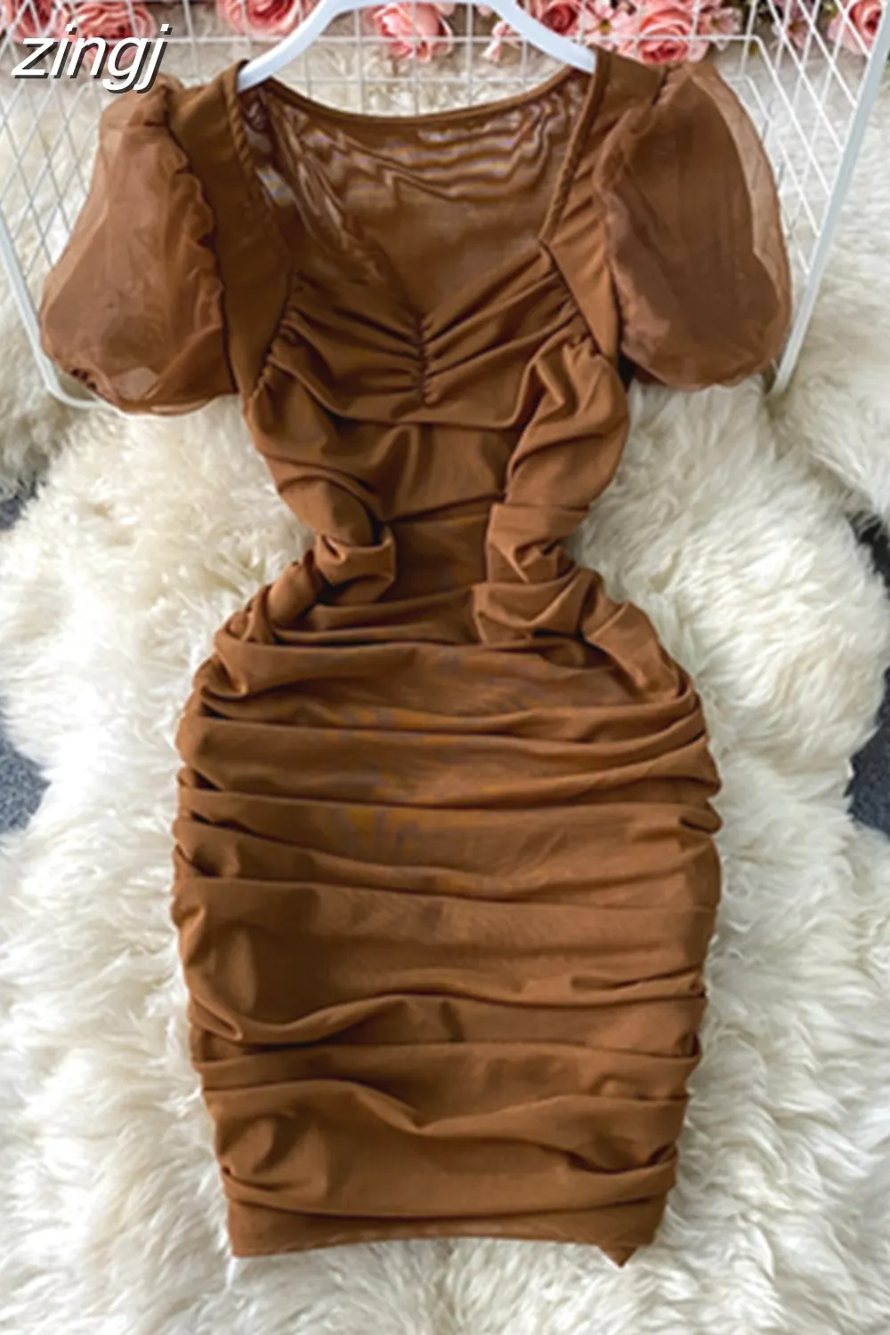 Maxct Sexy Mesh Draped Bodycon Dress Women Elegant Square Collar Short Puff Sleeve Pleated Vestidos Female Summer