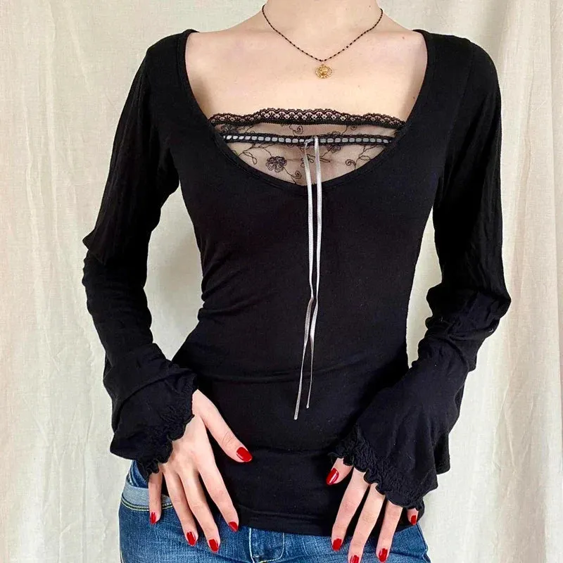Maxct Y2K Fairy 90s Vintage V Neck Crop Tops Women 00s Retro Cottage Grunge T-shirt Autumn Ribbed Knitted Long Sleeve Slim Fit Tees